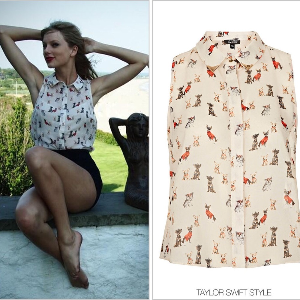 TopShop Dog Print Sleeveless Crop Shirt Size 2 ASO Taylor Swift